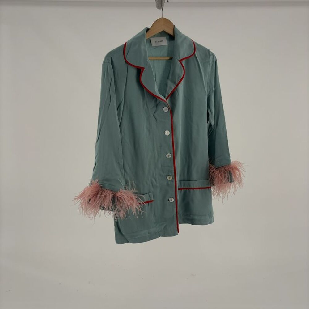 Sleeper Teal Pajama Jacket with Pink Feather Cuffs and Red Piping